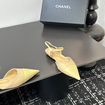 CHANEL 26S FLAT POINTED-TOE SLINGBACKS IN BEIGE AND PASTEL YELLOW LAMBSKIN
