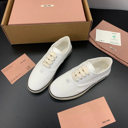 MIUMIU 26S LACE UP SNEAKERS IN WHITE CANVAS RUBBER SOLE