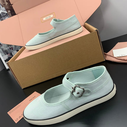 MIUMIU 26S MARY JANE FLATS IN PALE MINT CANVAS LOGO