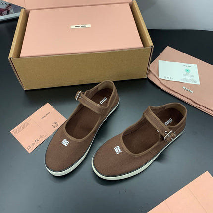MIUMIU 26S MARY JANE FLATS IN DARK BROWN CANVAS LOGO