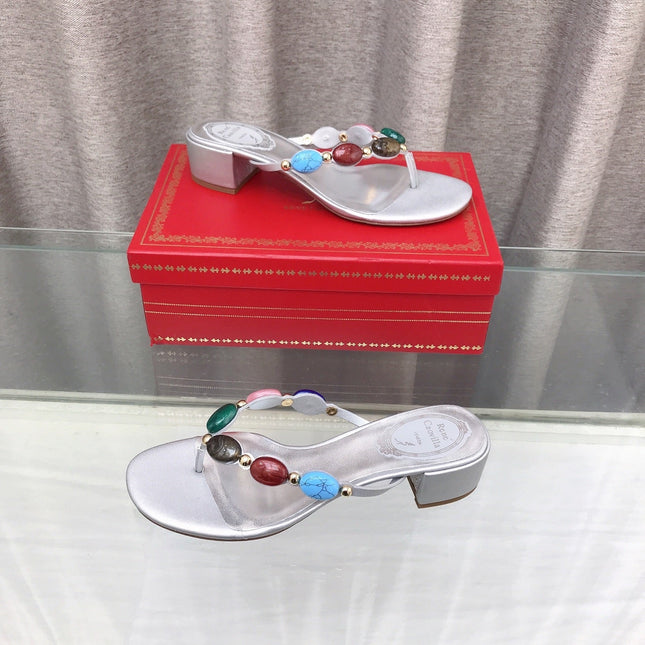 RENE CAOVILLA 26S THONG SANDALS 45 MM IN SILVER LAMBSKIN