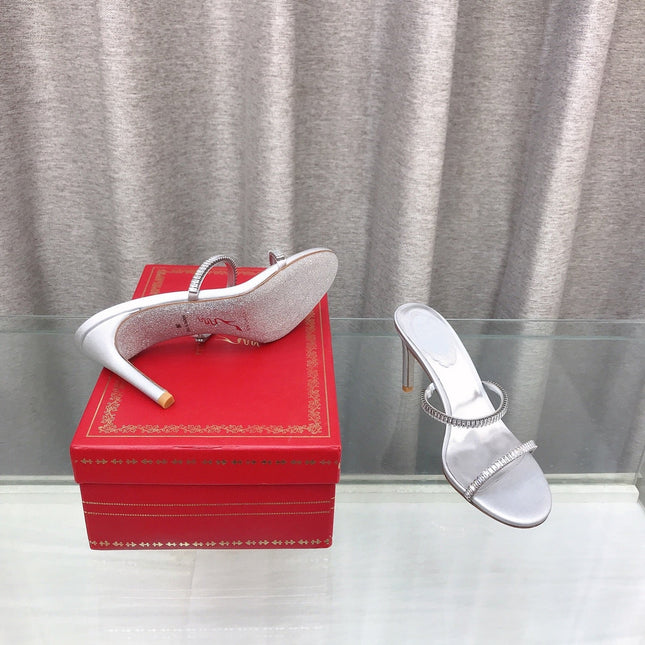 RENE CAOVILLA 26S HIGH-HEELED SANDALS 85 MM IN SILVER LAMBSKIN