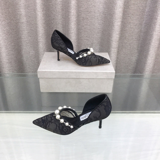 JIMMY CHOO 26S HIGH HEELS 65 MM IN BLACK LACE PEARL-EMBELLISHED