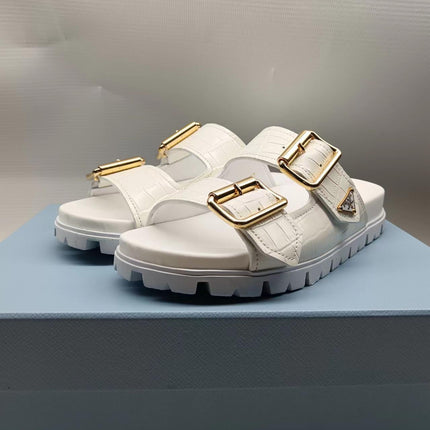PRADA 26S STRAP SLIDES IN IVORY WHITE CROC EMBOSSED CALFSKIN GOLD HARDWARE