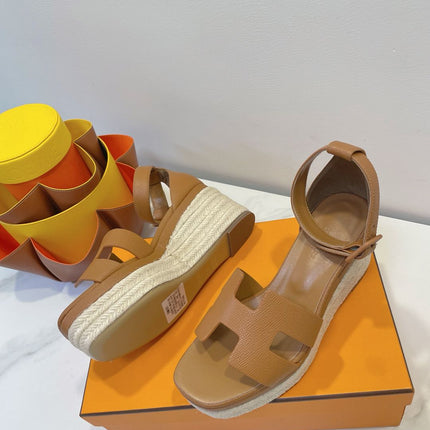 HM 26S ESPADRILLE WEDGE SANDALS IN BROWN CALFSKIN