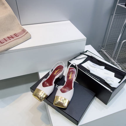 CHANEL 26S SLINGBACK 55 MM IN WHITE LAMBSKIN WITH GOLD CAP TOE