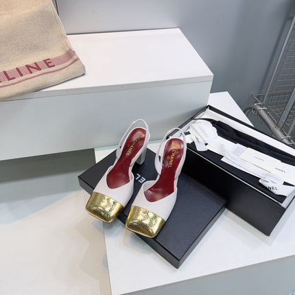 CHANEL 26S SLINGBACK 95 MM IN WHITE LAMBSKIN WITH GOLD CAP TOE