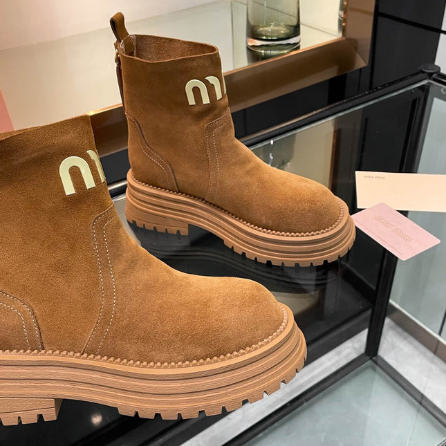 MIUMIU 26S LOGO CHUNKY ANKLE BOOTS IN CAMEL BROWN SUEDE 