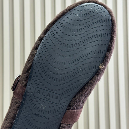 ALAIA 25S COZY MARY JANE SHEARLING FLATS IN DARK BROWN