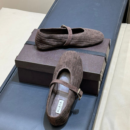 ALAIA 26S KNIT BALLET FLATS IN DARK BROWN SUEDE