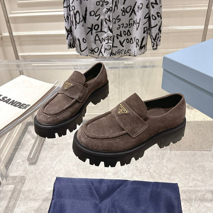 PRADA 26S PLATFORM LOAFERS 45MM IN DARK BROWN SUEDE