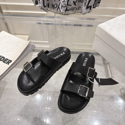 PRADA 26S SLIDES SANDALS IN BLACK CALFSKIN SILVER HARDWARE