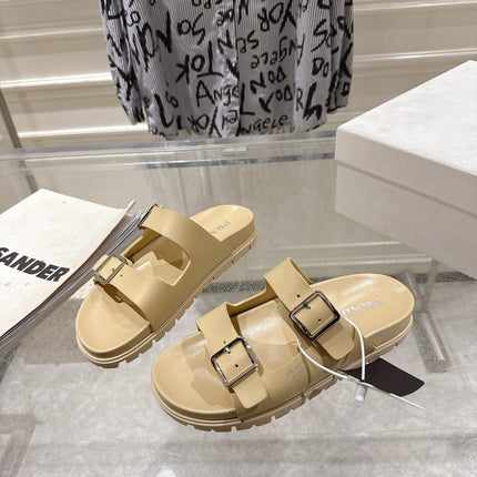 PRADA 26S SLIDES SANDALS IN BEIGE CALFSKIN SILVER HARDWARE