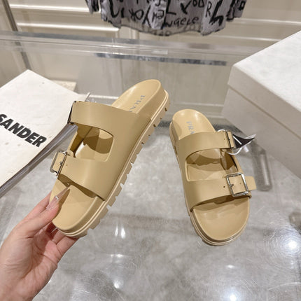 PRADA 26S SLIDES SANDALS IN BEIGE CALFSKIN SILVER HARDWARE