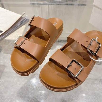 PRADA 26S SLIDES SANDALS IN CARAMEL BROWN CALFSKIN SILVER HARDWARE