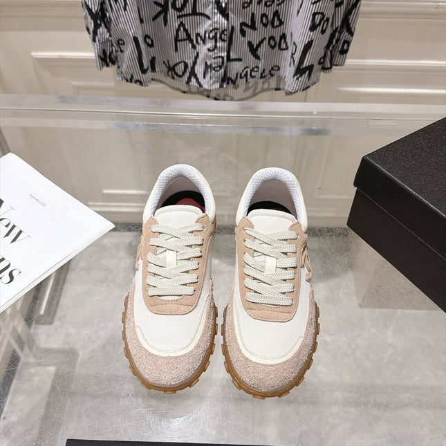 CHANEL 26S LACE UP SNEAKERS IN BEIGE SUEDE  AND WHITE FABRIC ROUND TOE