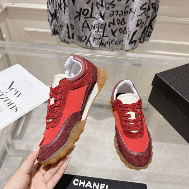 CHANEL 26S LACE UP SNEAKERS IN RED SUEDE ROUND TOE