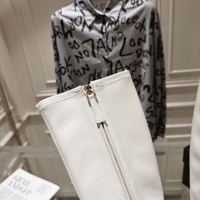 CHANEL 26S HIGH HEEL KNEE HIGH BOOTS 80 MM IN OFF WHITE CALFSKIN AND BLACK PATENT LEATHER