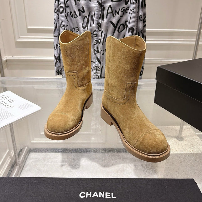 CHANEL 26S MID CALF BOOTS 30 MM IN BEIGE SUEDE