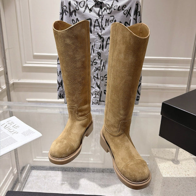 CHANEL 26S KNEE HIGH BOOTS 30 MM IN BEIGE SUEDE