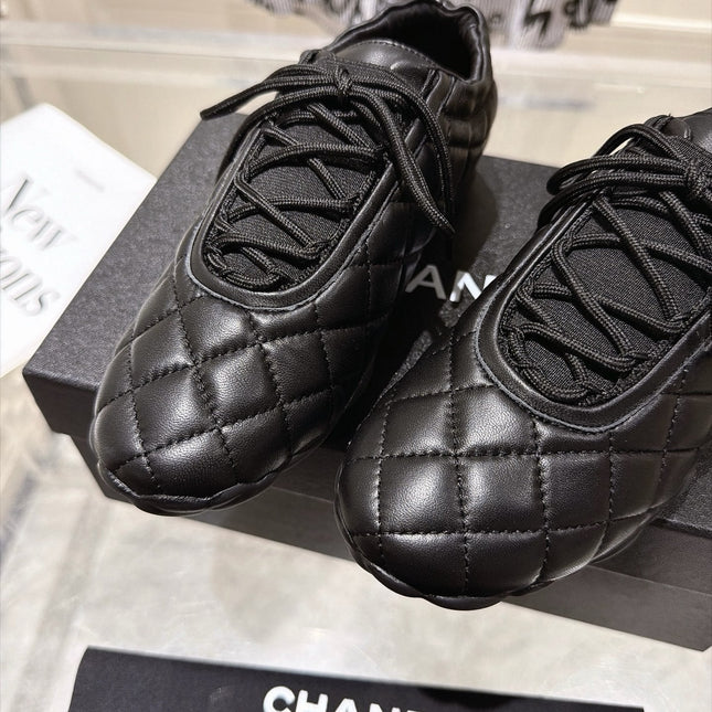 CHANEL 26S LACE UP SNEAKERS IN BLACK LAMBSKIN DIAMOND QUILTING