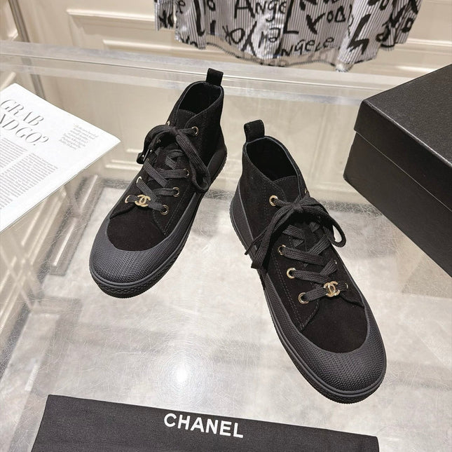 CHANEL 26S LACE UP HIGH TOP SNEAKERS IN BLACK SUEDE