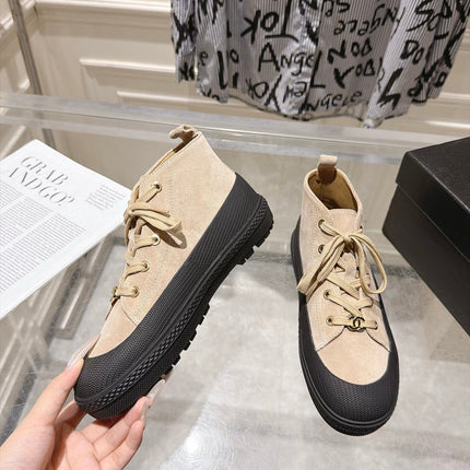 CHANEL 26S LACE UP HIGH TOP SNEAKERS IN BEIGE SUEDE