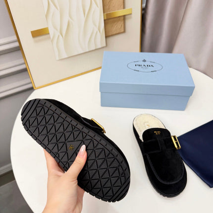 PRADA 26S SHEARLING-LINED MULES IN BLACK SUEDE