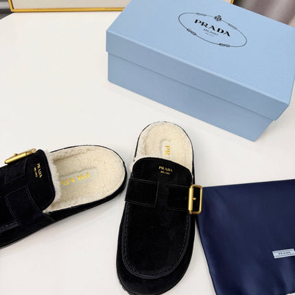 PRADA 26S SHEARLING-LINED MULES IN BLACK SUEDE