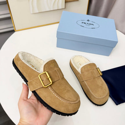 PRADA 26S SHEARLING-LINED MULES IN WARM BEIGE SUEDE