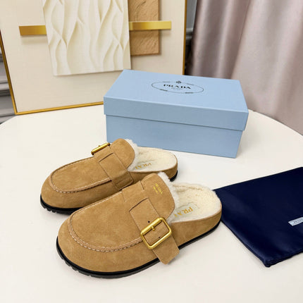 PRADA 26S SHEARLING-LINED MULES IN WARM BEIGE SUEDE