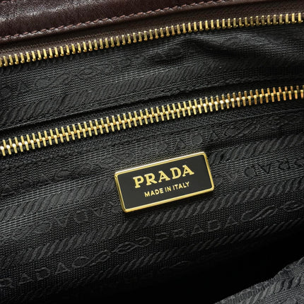 PRADA 25S BONNIE LARGE HANDBAG 38 IN DARK BROWN GLOSSY CALFSKIN GOLD HARDWARE