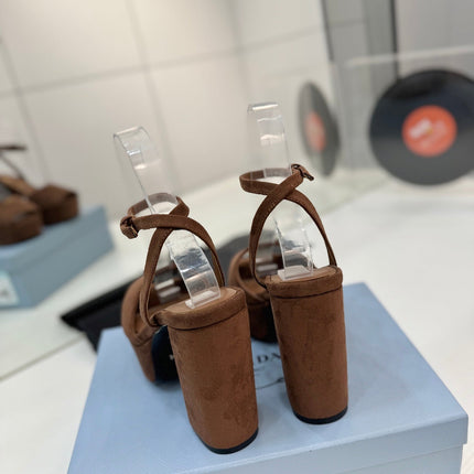 PRADA 26S HEELED SANDALS 115MM IN DARK BROWN SUEDE