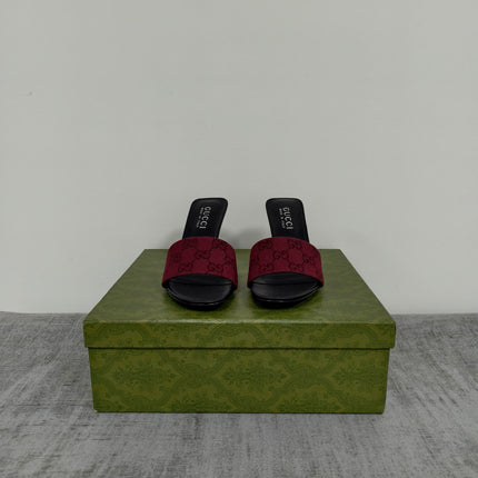GUCCI 26S MULE SANDALS 85MM IN DARK RED GG CANVAS