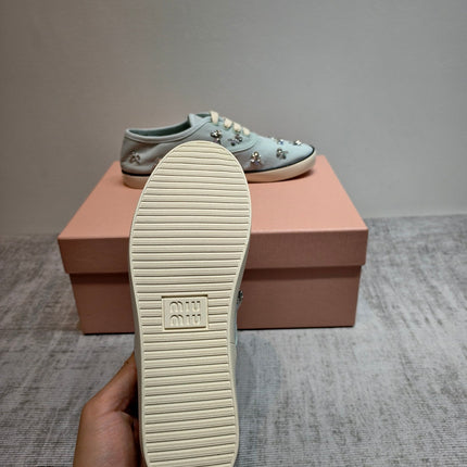 MIUMIU 26S LOW TOP SNEAKERS IN LIGHT BLUE CANVAS CRYSTAL-EMBELLISHED