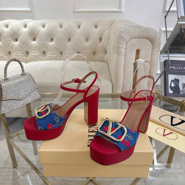 VALENTINO 26S PLATFORM SANDALS 110 MM IN RED CALFSKIN AND BLUE DENIM