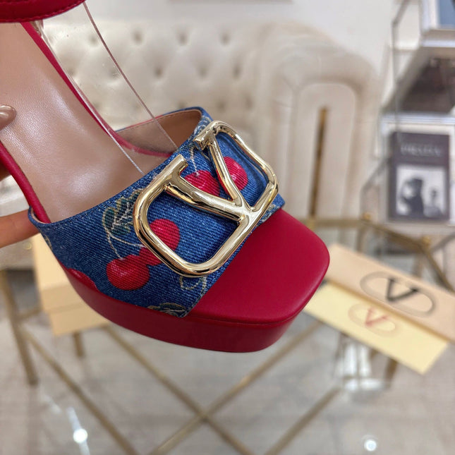 VALENTINO 26S PLATFORM SANDALS 110 MM IN RED CALFSKIN AND BLUE DENIM