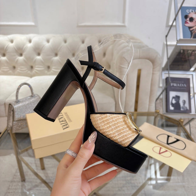 VALENTINO 26S PLATFORM SANDALS 110 MM IN BLACK CALFSKIN AND BEIGE RAFFIA