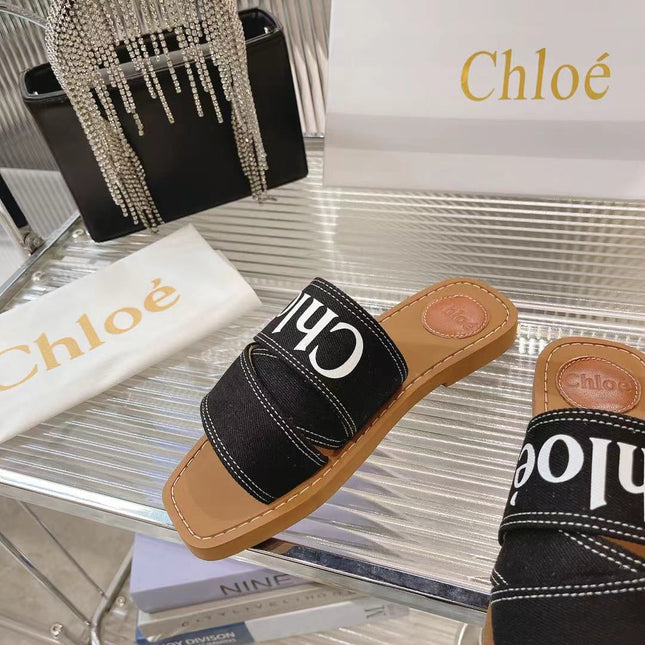 WOODY MULE IN BLACK DENIM WITH WHITE LOGO