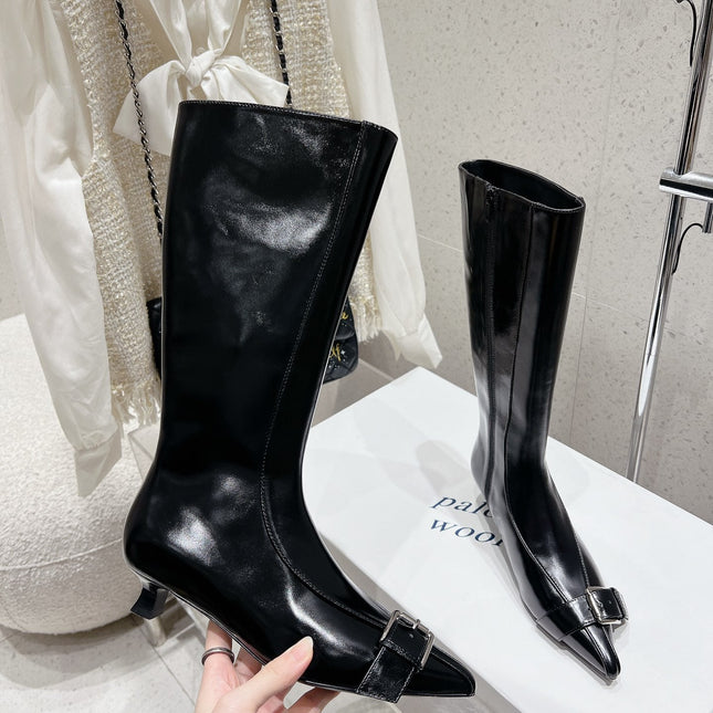 ALO 25S PALOMA WOOL HIGH BOOTS IN BLACK LAMBSKIN WITH METAL BUCKLE DETAIL AT THE TOE