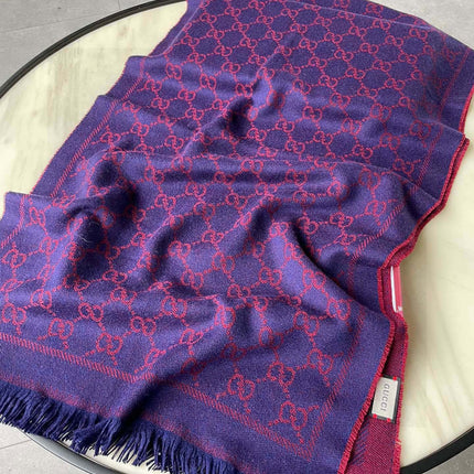 SCARF 180 CM IN VIOLET PURPLE GG PATTERN MONOGRAM WOOL 407526
