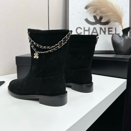 CHANEL 25S SHORT BOOTS IN BLACK SUEDE SILVER HARDWARE