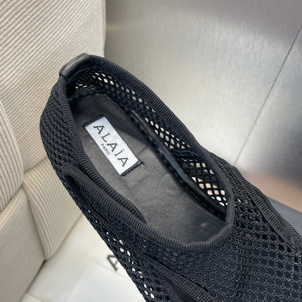 ALAIA MESH MARY JANE BALLET FLATS 25S IN BLACK FABRIC