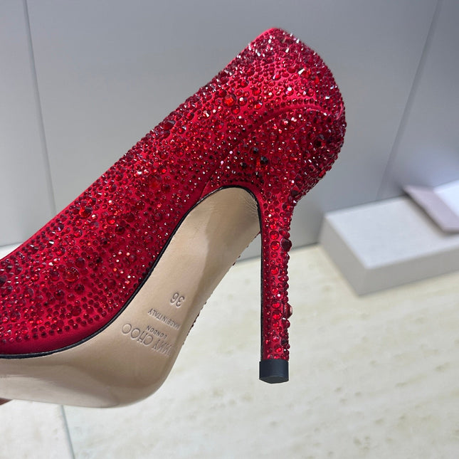 JIMMY CHOO 26S HIGH HEELS 95 MM IN RED CRYSTAL-EMBELLISHED