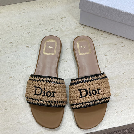 DIOR 26S D-WAY SLIDE IN BEIGE BLACK RAFFIA