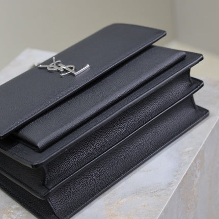 YSL 25S SUNSET MEDIUM 22 IN BLACK GRAINED CALFSKIN SILVER HARDWARE