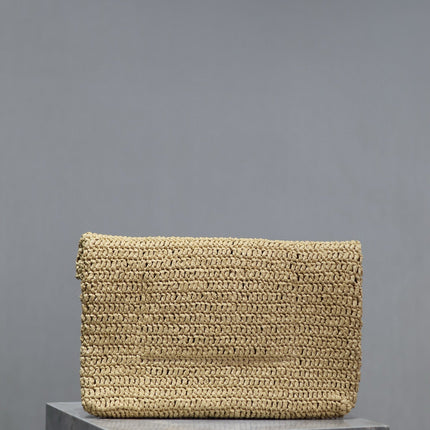 YSL 25S CASSANDRE LARGE ENVELOPE POUCH 29 IN NATURAL RAFFIA GOLD HARDWARE