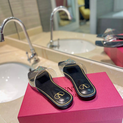 VALENTINO 26S FLAT SLIDES IN BLACK LAMBSKIN WITH CRYSTAL STYLE 2