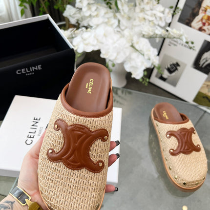 CELINE 26S TRIOMPHE MULES IN BEIGE RAFFIA AND BROWN CALFSKIN