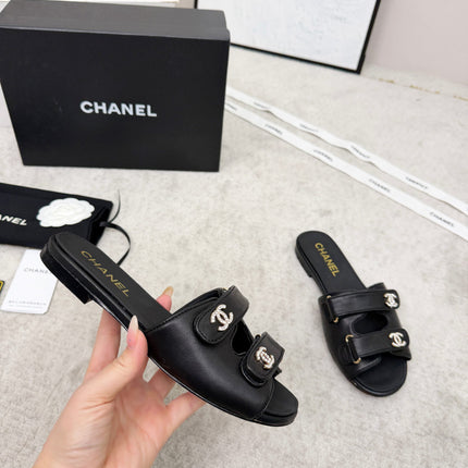 CHANEL 26S DOUBLE STRAP SLIDE SANDALS IN BLACK CALFSKIN